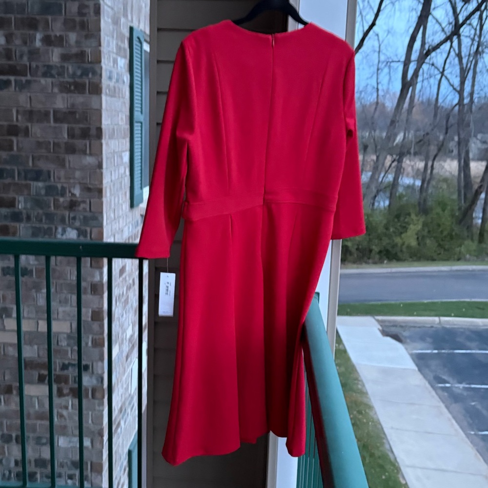 🆕 ✨London Times Red Midi Dress Petite 12P Rhinestone Elegant Office Silhouette - Picture 4 of 15